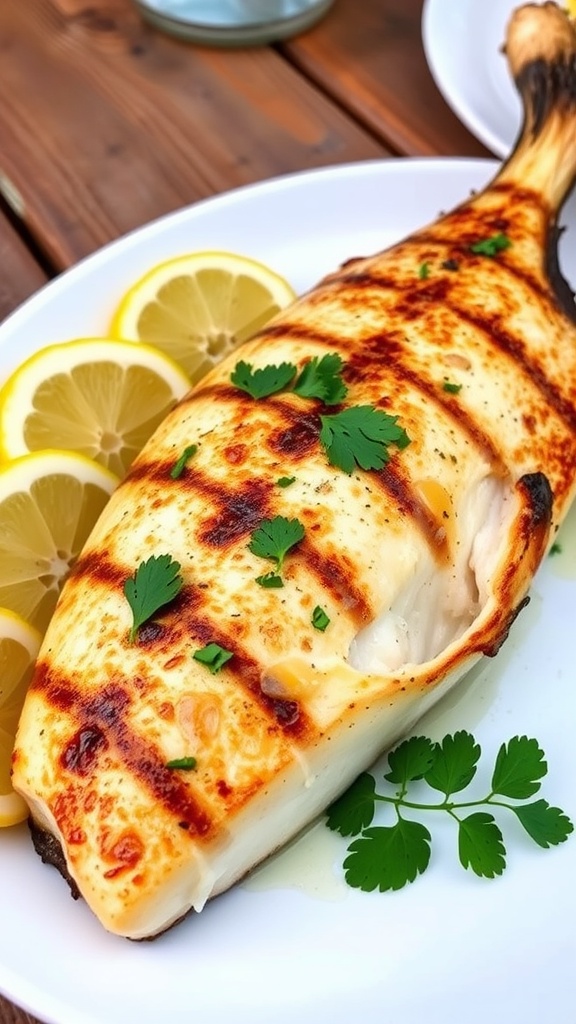 Grilled mahi mahi with garlic butter, garnished with parsley and lemon wedges on a rustic table.